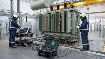Engineers performing electrical diagnostics on how to test a transformer in a high-voltage testing facility