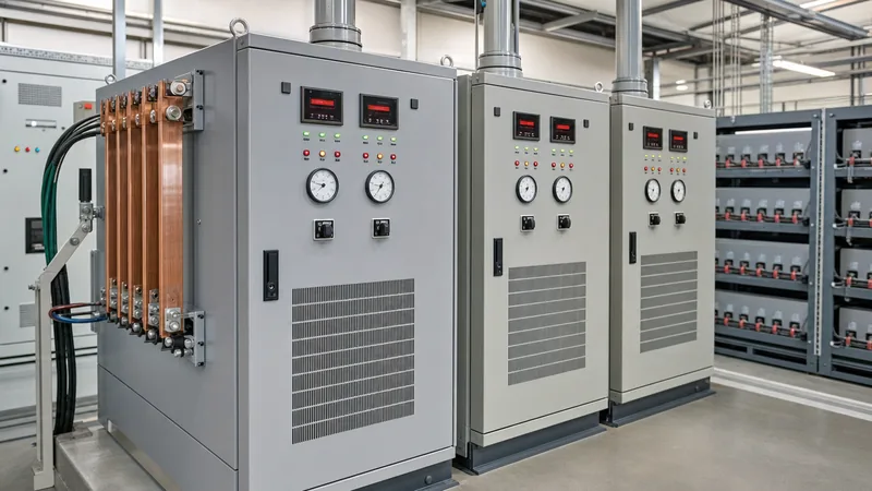 Industrial battery chargers installed inside an electrical substation DC control room