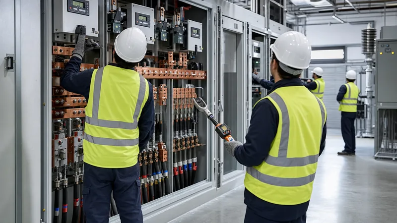 Engineers verifying torque and alignment during an industrial power system installation in a medium-voltage substation