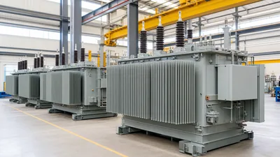 Factory floor displaying three-phase industrial transformers for sale awaiting final testing