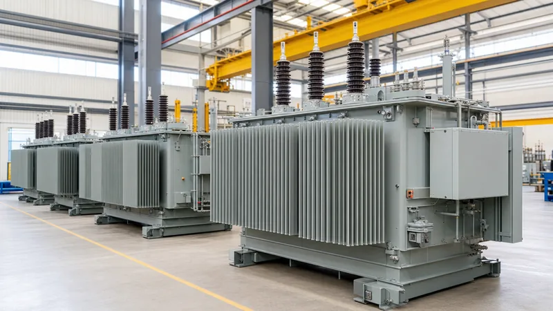 Factory floor displaying three-phase industrial transformers for sale awaiting final testing