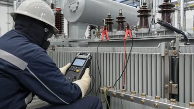 Electrical engineer performing high voltage insulation testing on power transformer bushings with diagnostic test set