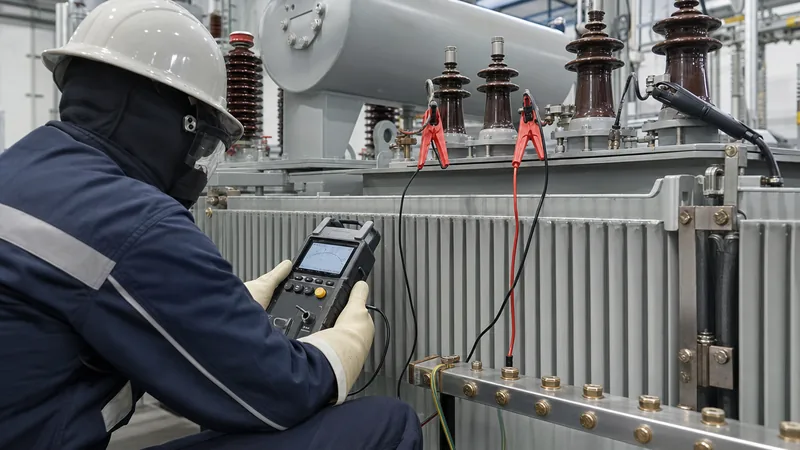 Electrical engineer performing high voltage insulation testing on power transformer bushings with diagnostic test set