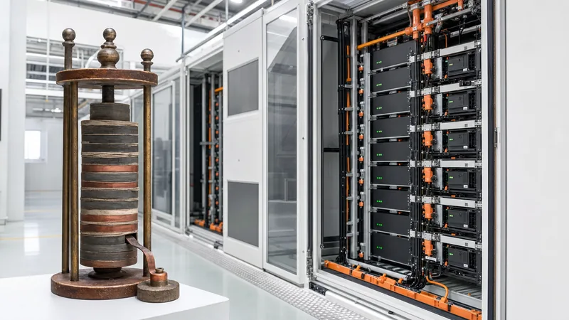 Historical voltaic pile showing the invention of electric battery alongside modern utility battery energy storage module
