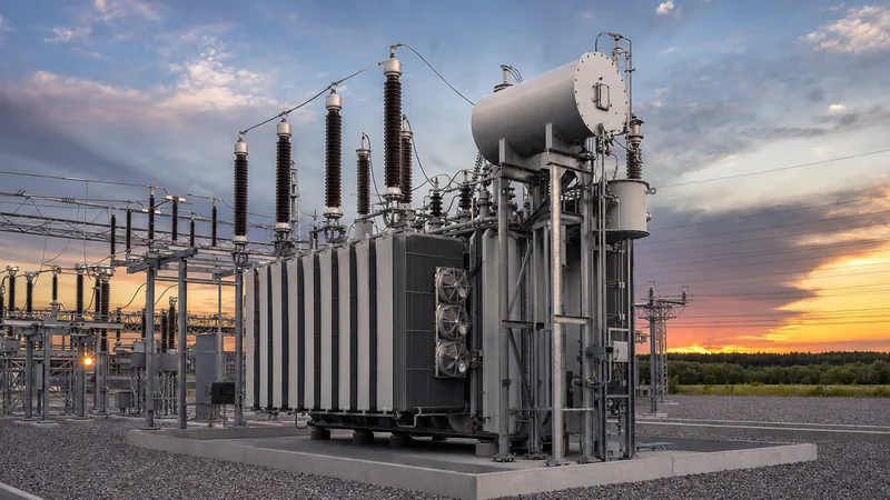 Large power transformers installed in high voltage transmission substation with bushings and cooling banks