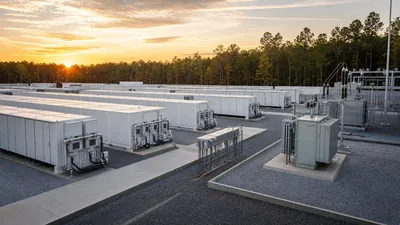 Aerial view of the largest storage battery installation with liquid-cooled containers and substation