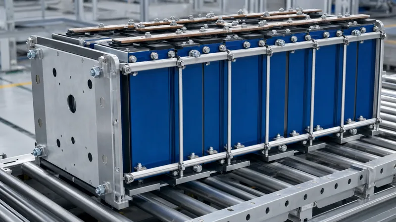 LiFePO4 prismatic cells assembled in an industrial energy storage battery rack with welded busbars