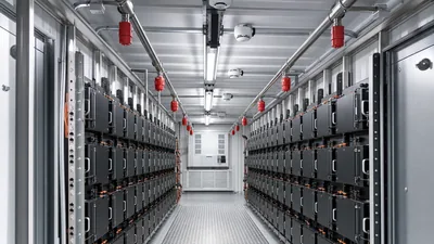 Lithium battery fire suppression system nozzles and detection units inside a containerized BESS facility