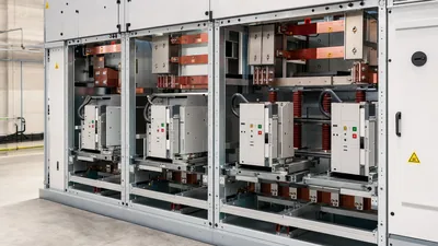 Low voltage electrical distribution switchboard showing copper busbars and compartmentalised circuit breakers