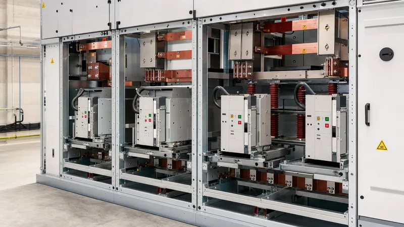 Low voltage electrical distribution switchboard showing copper busbars and compartmentalised circuit breakers