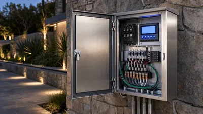 Internal view of a low voltage transformer with timer showing multi-tap terminals and digital controls