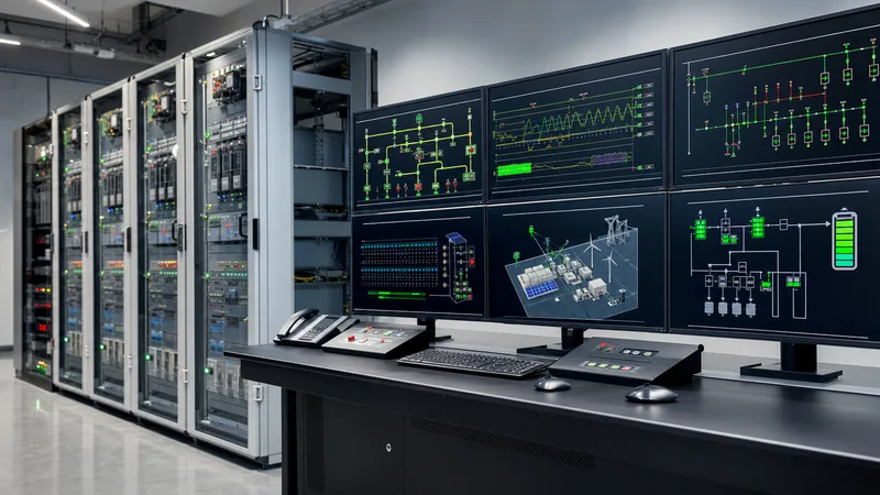 Substation automation room running a microgrid energy management system with real-time SCADA telemetry displays