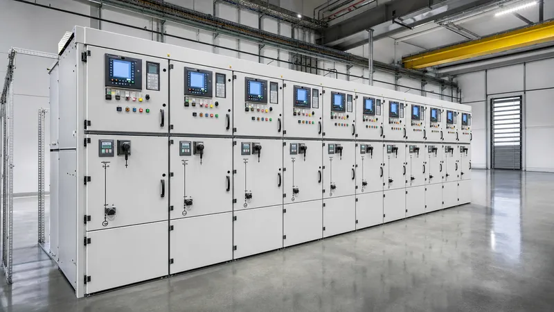 Line-up of modular industrial mv switchgear panels with vacuum circuit breakers and digital relays in a substation