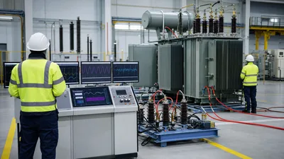 Engineers performing an open circuit transformer test in a factory testing bay to measure core losses