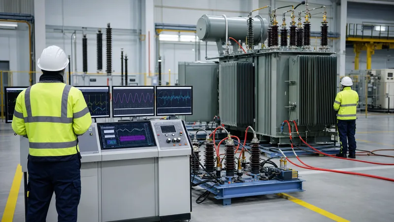 Engineers performing an open circuit transformer test in a factory testing bay to measure core losses