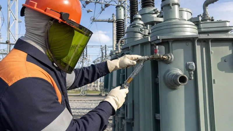 Electrical technician drawing pcb transformer oil sample from an industrial substation transformer