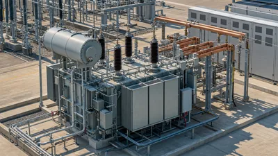 Industrial power conversion transformer with bushings and cooling radiators in a grid substation