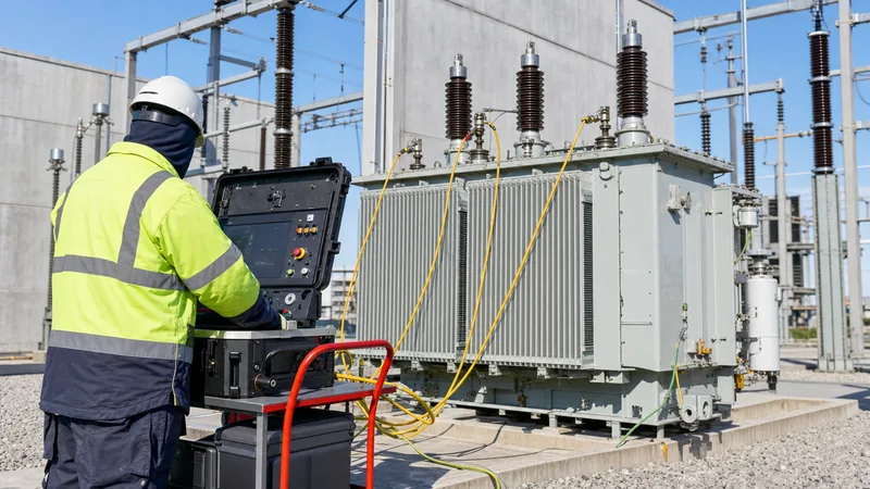 Electrical engineer conducting a high-voltage power factor test on an oil-immersed transformer