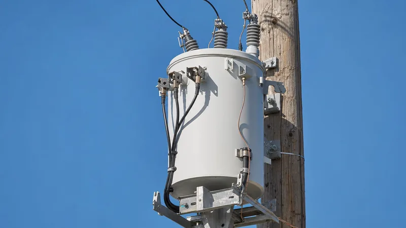 Overhead single-phase power pole transformer mounted on a utility pole with primary bushings and surge arresters