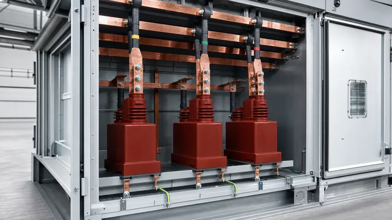 Three-phase indoor medium voltage pt transformer assembly installed inside an electrical switchgear enclosure.