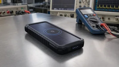Qi solar power bank with 10000mAh capacity and wireless charging pad on an engineering test bench