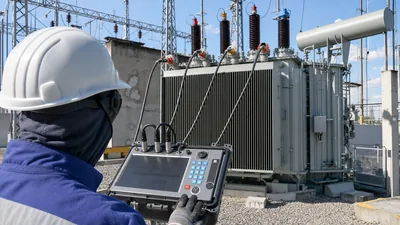 Electrical engineer operating a transformer turns ratio tester during substation transformer testing