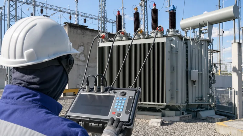 Electrical engineer operating a transformer turns ratio tester during substation transformer testing