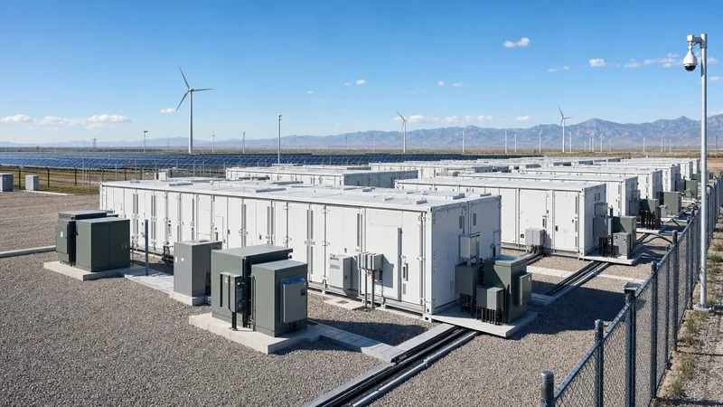 Utility-scale renewable power storage container facility integrated with wind and solar energy generation.