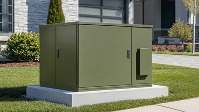 Pad-mounted residential transformer box installed on concrete pad in a modern residential suburban street