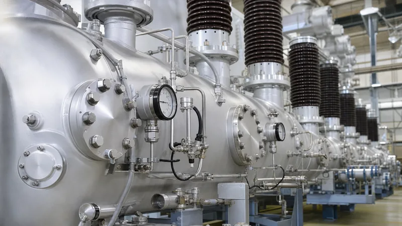 SF6 gas insulated switchgear installation with density gauges and high voltage busbars