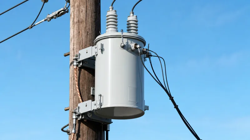 Single phase pole mounted transformer installed on a utility pole with primary and secondary distribution lines