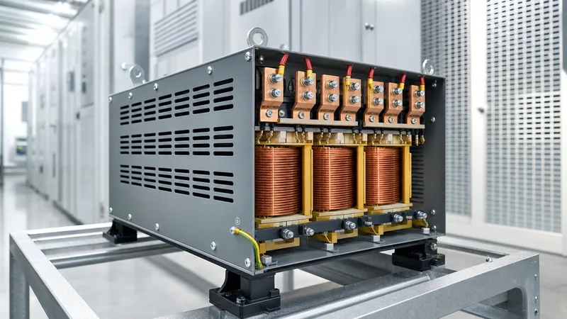 Small transformer core and coil assembly inside an industrial low voltage power distribution facility