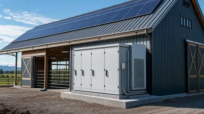 Engineered solar power for barn system featuring rooftop photovoltaic panels and outdoor battery energy storage unit