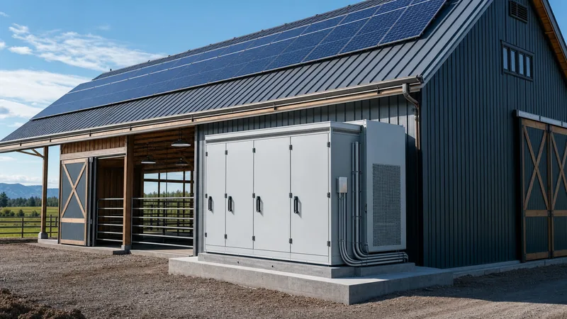 Engineered solar power for barn system featuring rooftop photovoltaic panels and outdoor battery energy storage unit