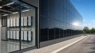Architectural solar wall featuring building integrated photovoltaic panels and modular battery energy storage.