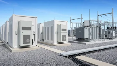 Stationary storage battery systems installed on concrete pads in an outdoor industrial substation facility