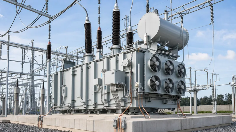 Industrial high-voltage step down power transformer installed in an outdoor utility distribution substation