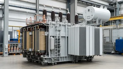 Industrial step up step down transformer undergoing factory acceptance testing in manufacturing facility