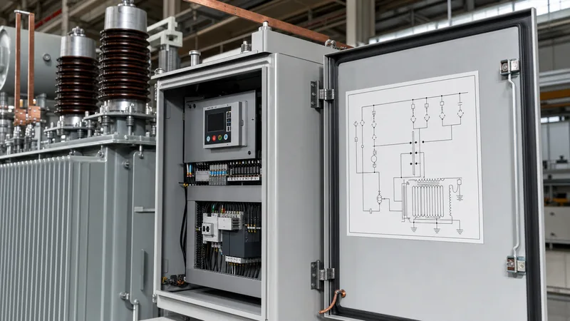 Engineering step up transformer diagram mounted on a substation cabinet with high-voltage bushings in the background