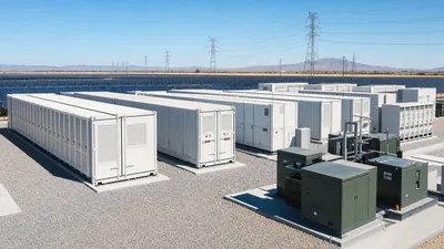 Utility-scale liquid-cooled BESS containers storing energy in batteries next to a solar farm.