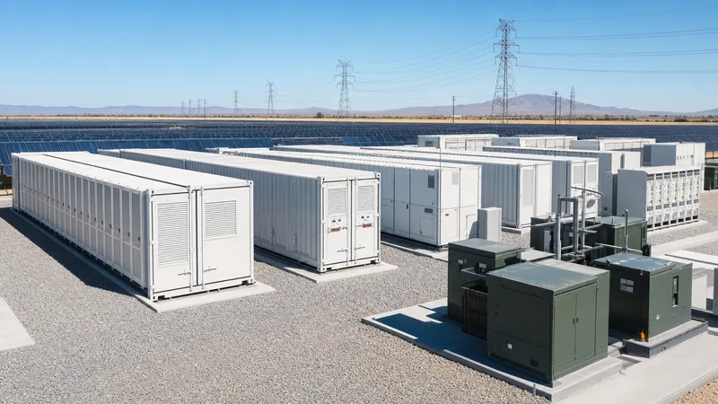 Utility-scale liquid-cooled BESS containers storing energy in batteries next to a solar farm.