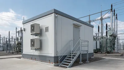 Substation control house installed inside a high voltage utility switchyard with exterior HVAC units