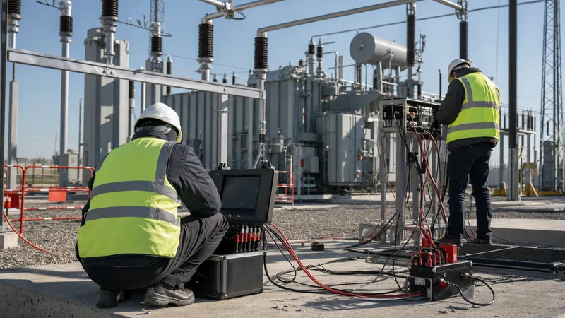 Electrical substation testing on high-voltage circuit breakers and transformers during site commissioning