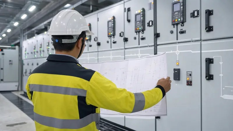 Electrical engineer examining a complex switchgear diagram in a medium-voltage substation control room.