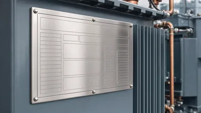 Close-up of industrial transformer nameplate explaining the term capacity on a transformer nameplate refers to kVA ratin