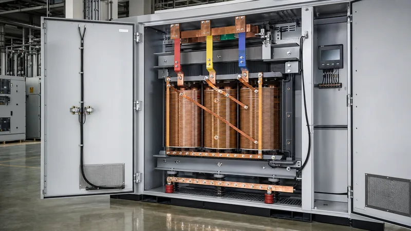 Three phase step up transformer installed in an industrial electrical switchgear room showing copper windings and busbar