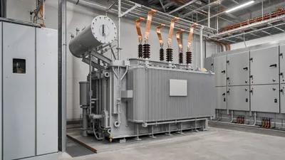 Industrial three-phase distribution transformer calculated and sized for medium voltage plant electrical load