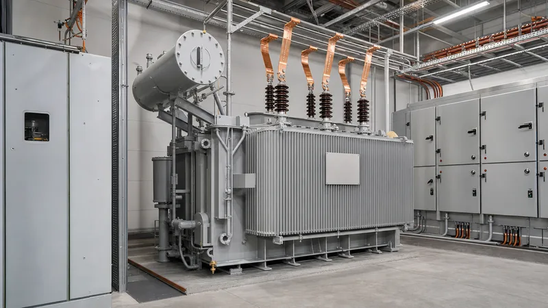 Industrial three-phase distribution transformer calculated and sized for medium voltage plant electrical load