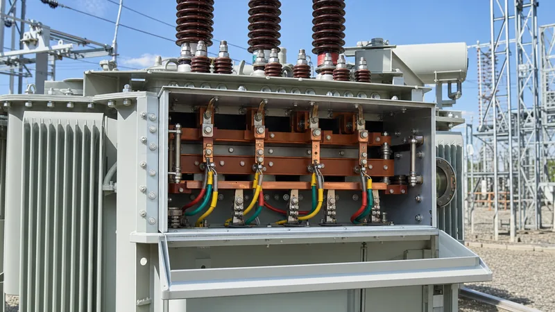 Three-phase transformer connections showing primary bushings and copper busbar wiring