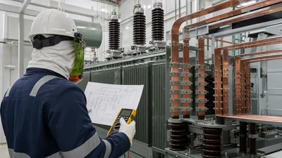 Electrical engineer conducting transformer current calculation on a distribution substation transformer